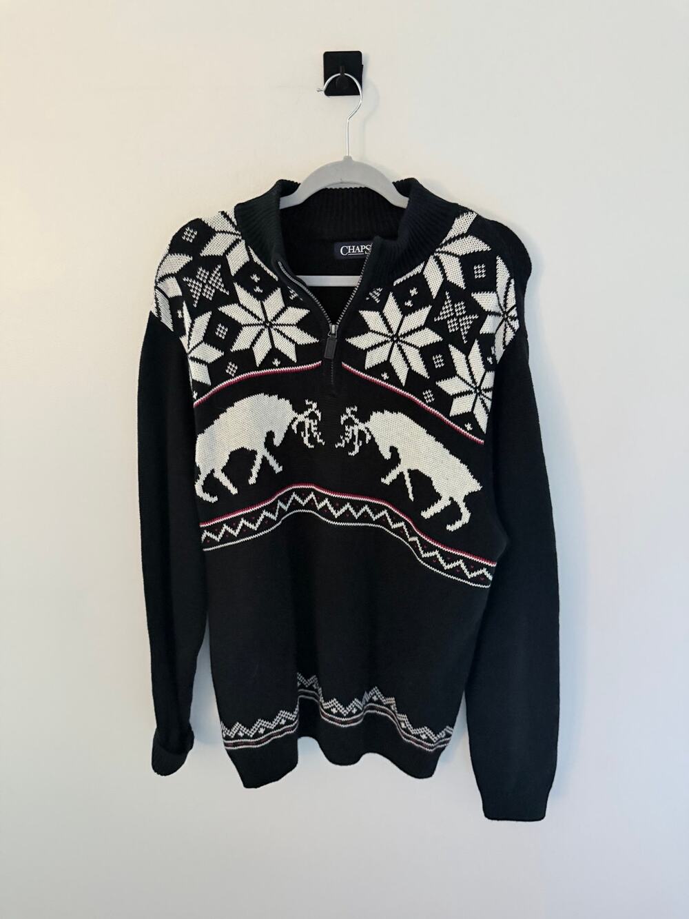 Chaps Black Quarter Zip Holiday Nordic Fair Isle Reindeer Pattern Sweater-Size L